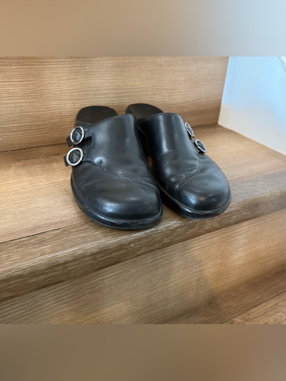 Clarks Black Leather Wedge Mules with Decorative Buckles - Women size 10 - Picture 4 of 5